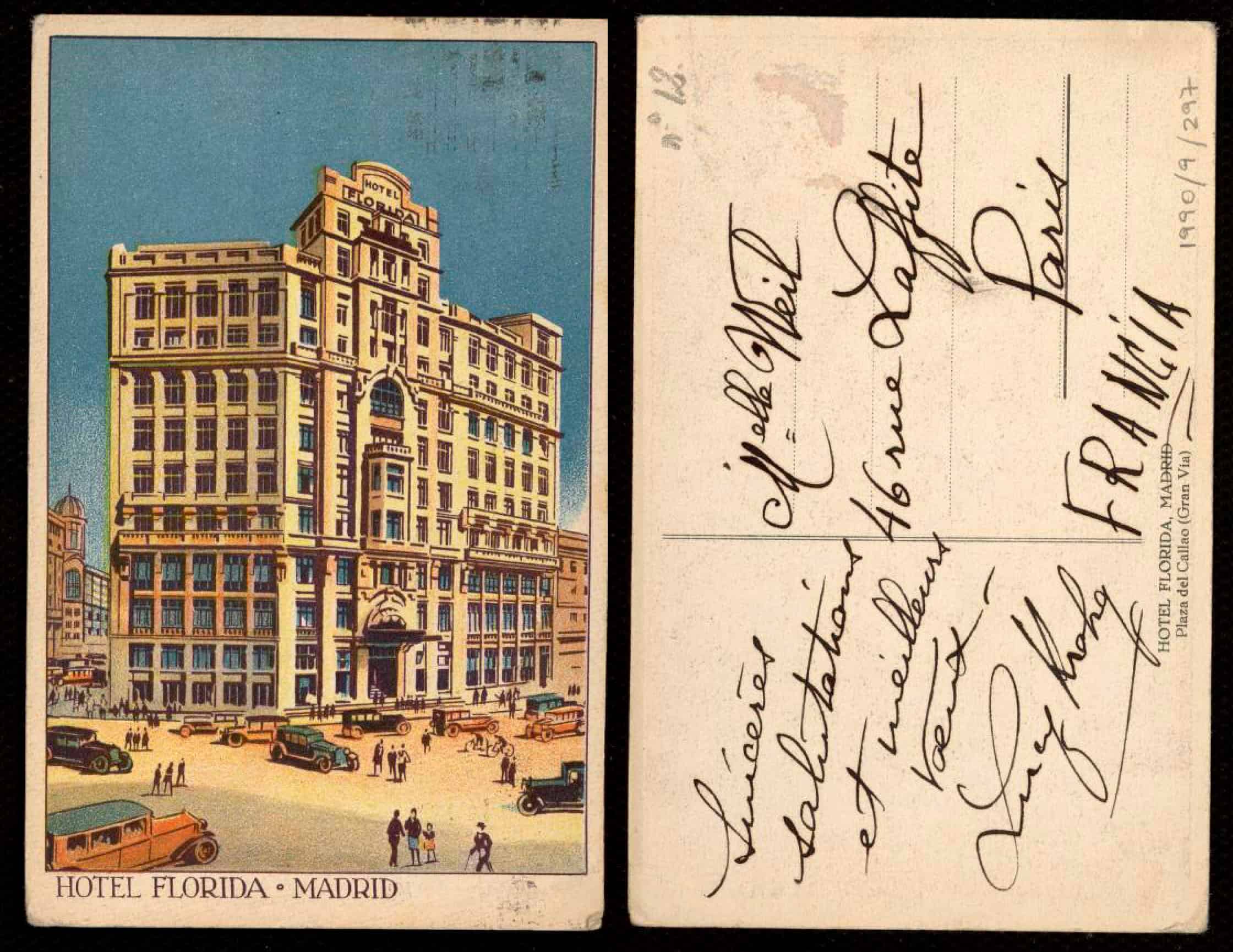 Period postcard of the Hotel Florida on Plaza del Callao, Madrid, c. 1930s