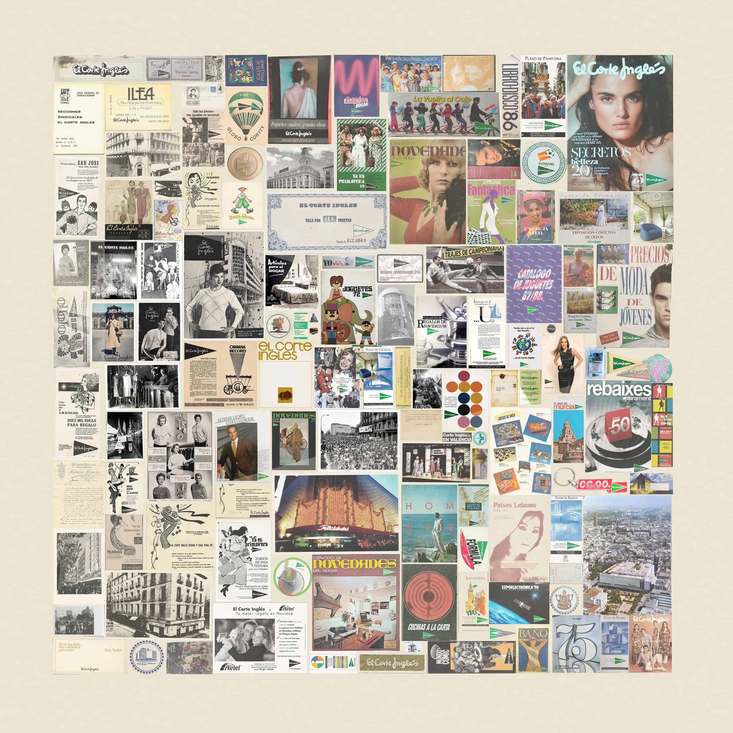 A mosaic of twentieth-century El Corte Inglés ephemera: catalogues, advertising, store imagery