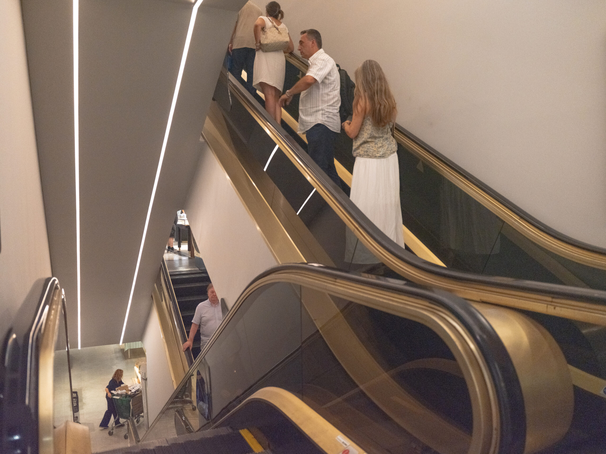 Escalators inside El Corte Inglés on the Diagonal, Barcelona, August 2026